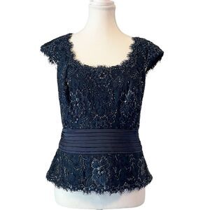 Tadashi Collection Sequin Beaded Navy Blue Top Blouse Size 8 Silk Embellishment